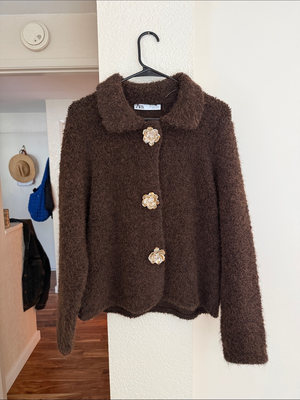Zara Dark Brown Teddy Jacket with Decorative Flower Buttons